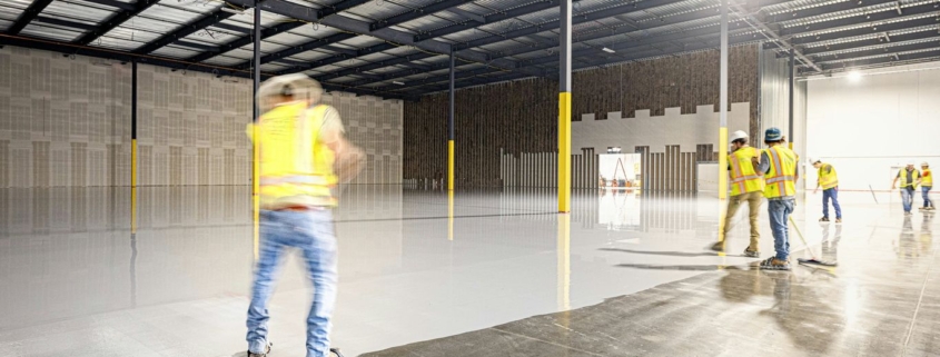 Workers in a large, empty warehouse with polished floors.