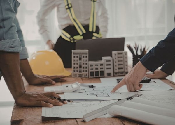 Consult People viewing and pointing to a building design on a desk with rulers, pencils and a hard hat.